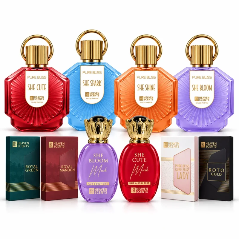 lady-bundle-ten-white باقة كولكشن ليدي: ٤ عطور مع مسك شي بلوم ومسك شي كيوت و٤ بوكيت على خلفية بيضاء